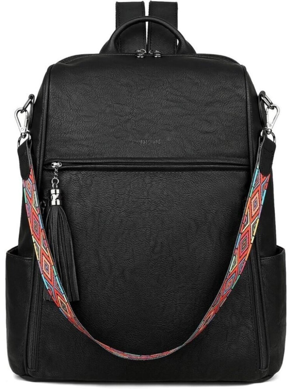 Women's Pure Black Retro Style Backpack Designer 15.6 inch PU Leather Laptop Bag